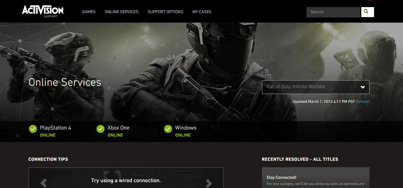 Infinite Warfare Activision Support Online Services page