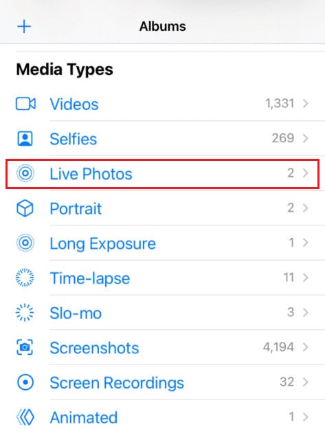 Photos app - Albums - Live Photos