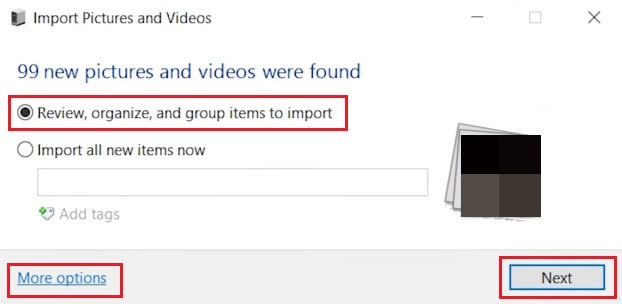 Review, organize, and group items to import - More options - desired destination folder - Next