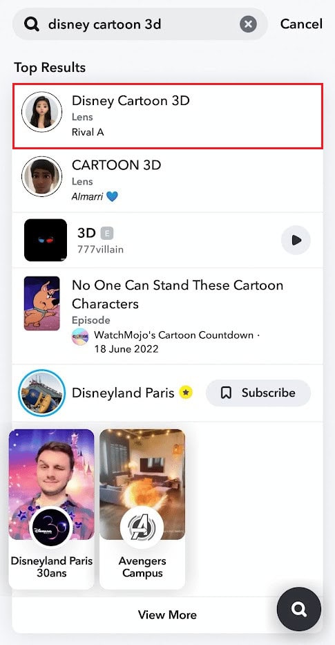 Search for the Disney cartoon 3D lens from the search bar and tap on it from the search results