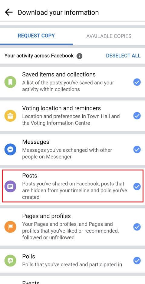 Select the Posts option from the list | How to Download All Facebook Photos at Once