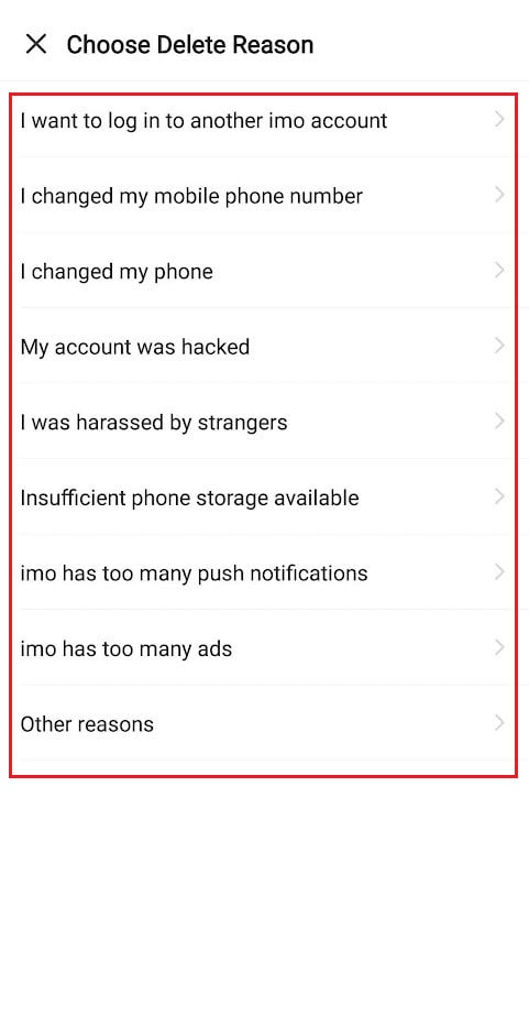 Select the desired reason to delete your account