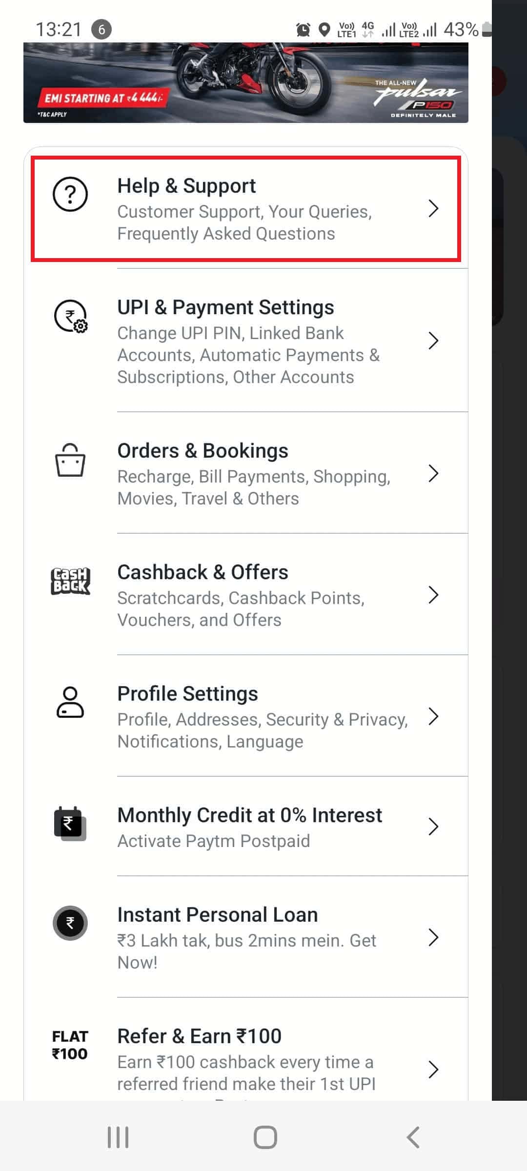 Swipe down and tap on the Help & Support option