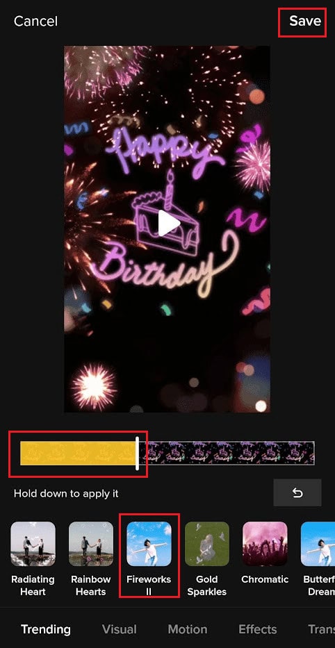 Tap and hold the desired effect to add it to the video and tap on Save | add TikTok filter to existing video