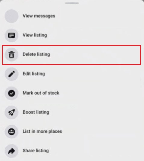 Tap on Delete listing from the ensuing popup menu | Can You Edit a Facebook Marketplace Listing