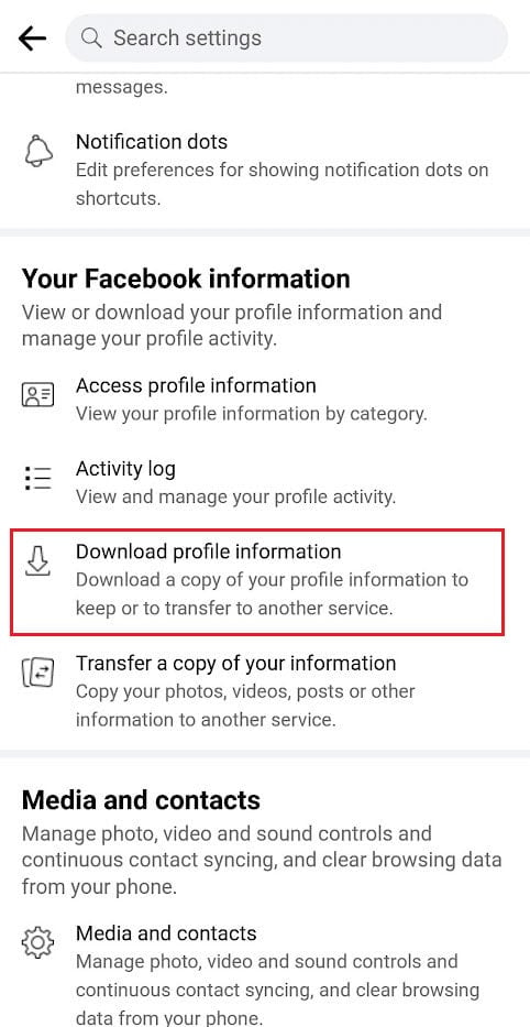 Tap on Download profile information from the Your Facebook information