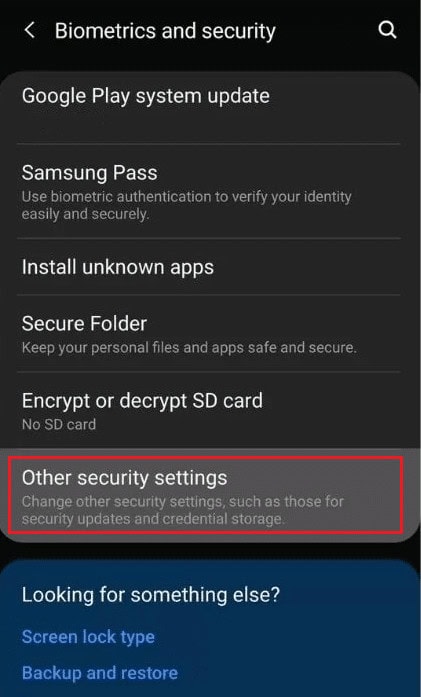 Swipe down and tap on Biometrics and security | How Do You Get Samsung Out of Retail Mode