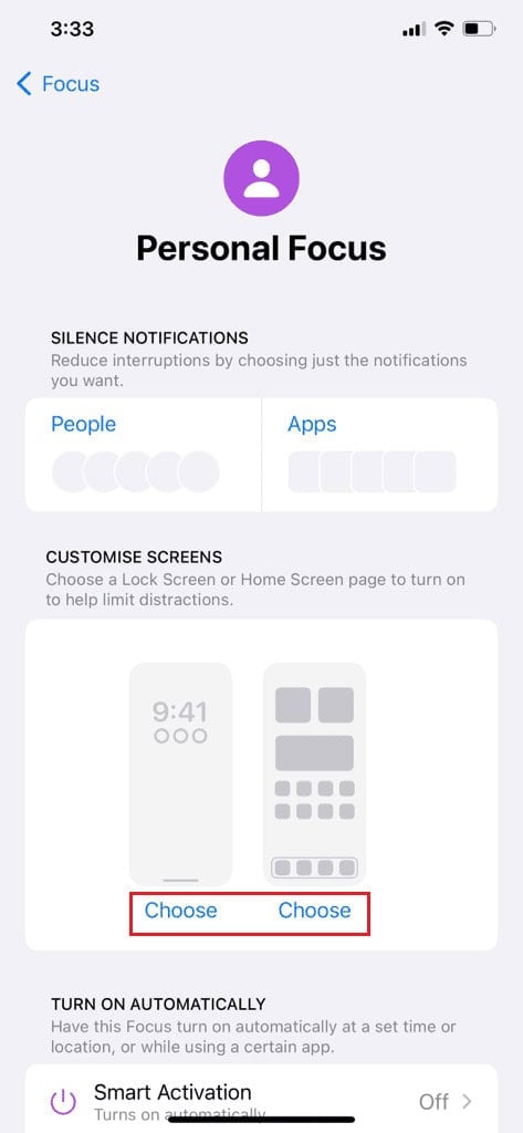 Tap on the Choose option under the home screen preview in CUSTOMISE SCREENS section | apps disappeared from iPhone home screen iOS 14