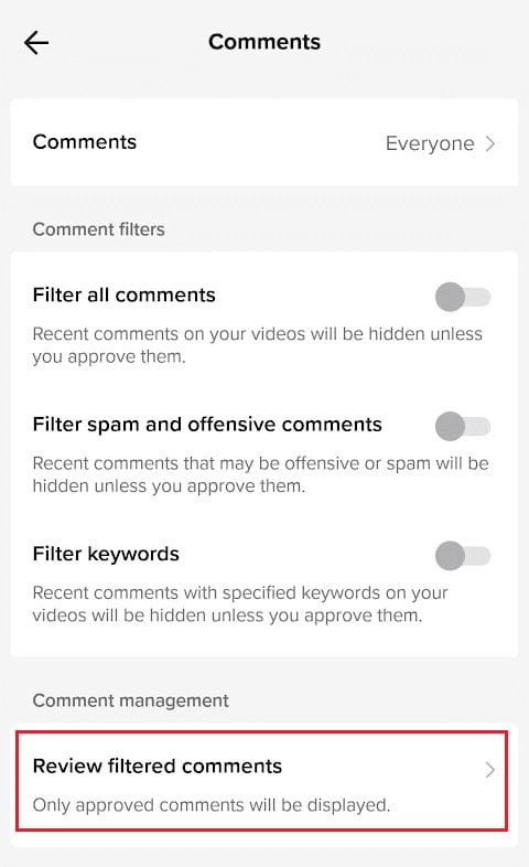 Tap on the Comments - Review filtered comments option