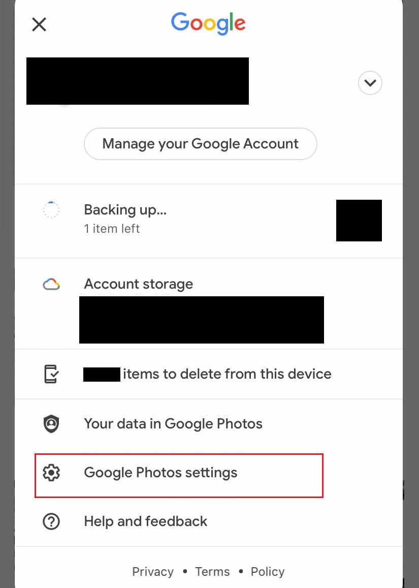 Tap on the Google Photos settings option
