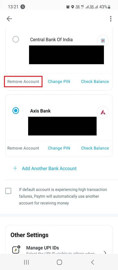 Tap on the Remove Account&nbsp;option from the desired account tab