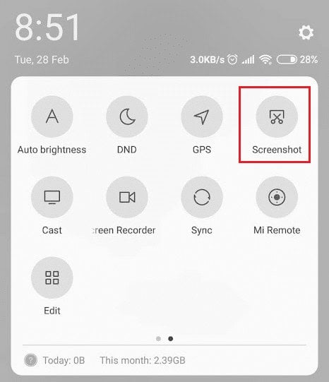 Tap on the Screenshot option from the panel