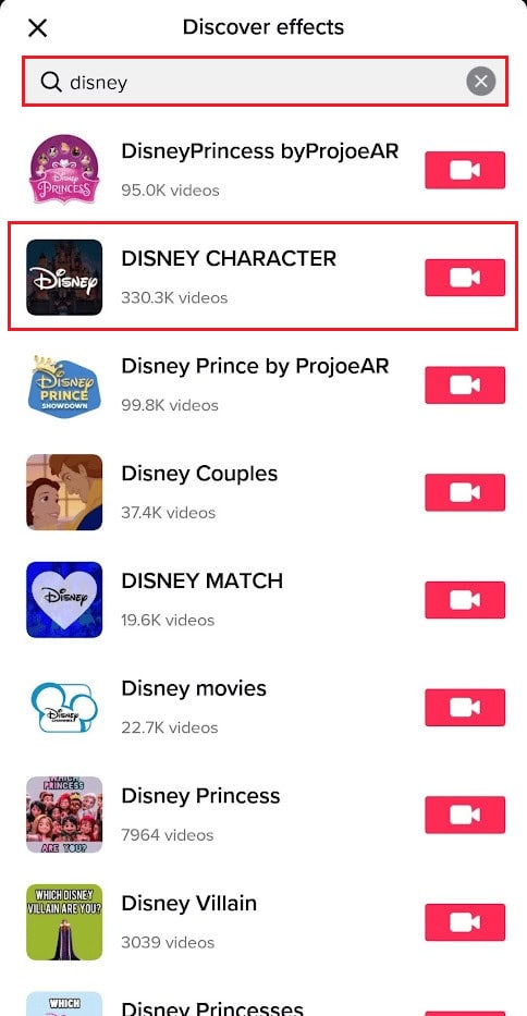 Tap on the desired Disney filter from the search results | How to Get Disney Pixar Filter on Instagram