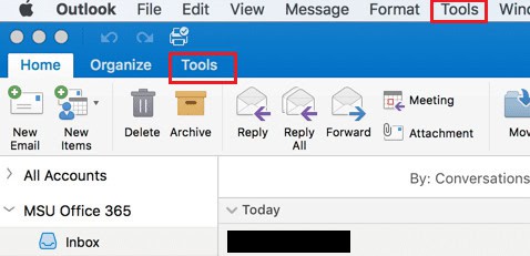 Tools Menu in Outlook for Mac