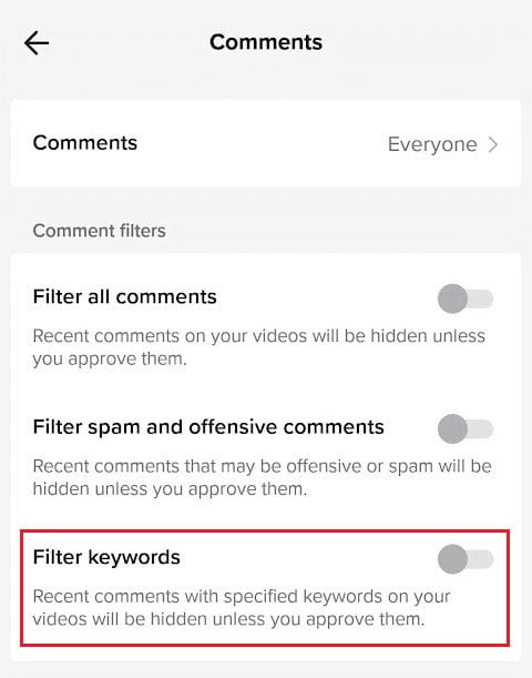 Turn on the toggle for the Filter keywords option