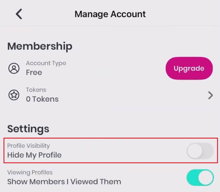 Turn on the toggle for the Hide My Profile option for Profile Visibility