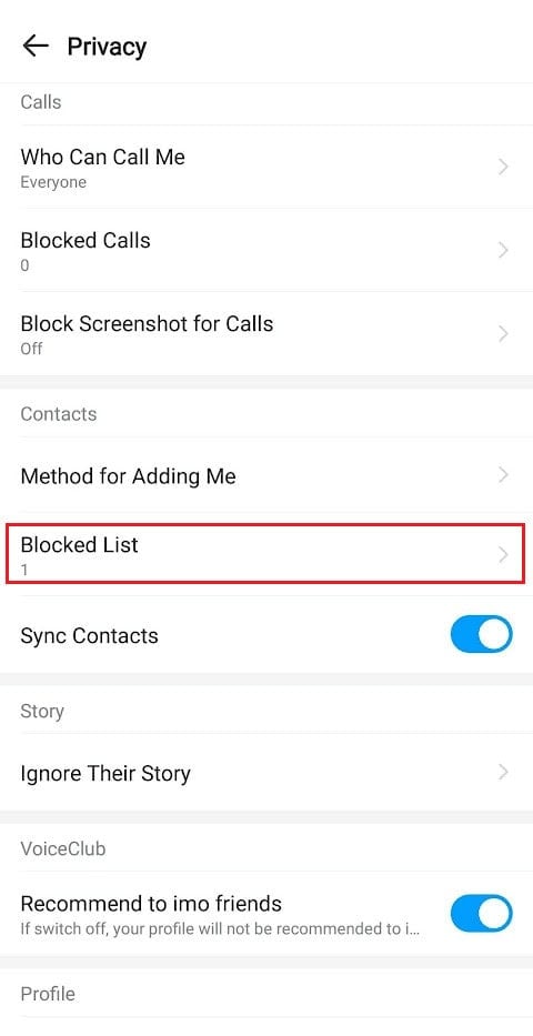 Under the Contacts section, tap on the Blocked List option | How to Delete imo Contacts