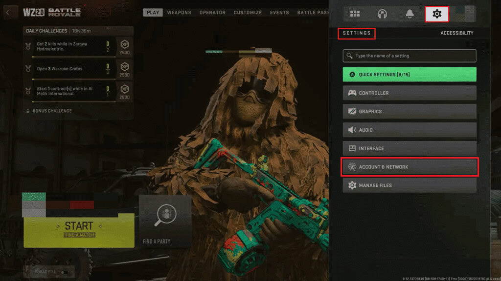 account and network settings cod warzone