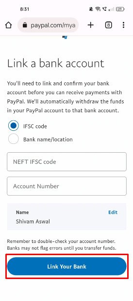 After entering all bank details, tap on the Link to the bank button.