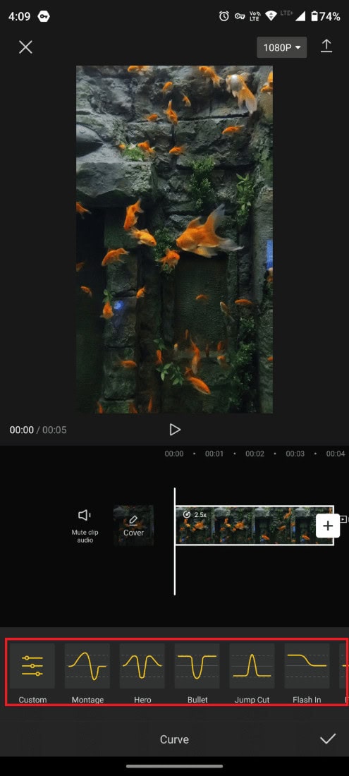 Bullet, Montage, Jump Cut, Hero, Flash In, and Flash Out. Or you can tap on Custom to create a personalized smooth velocity edit yourself