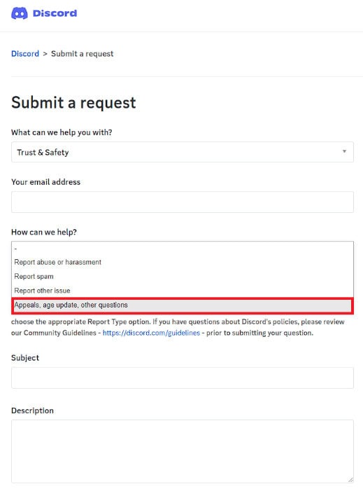 Choose the Appeals, age update, other questions option under How can we help?