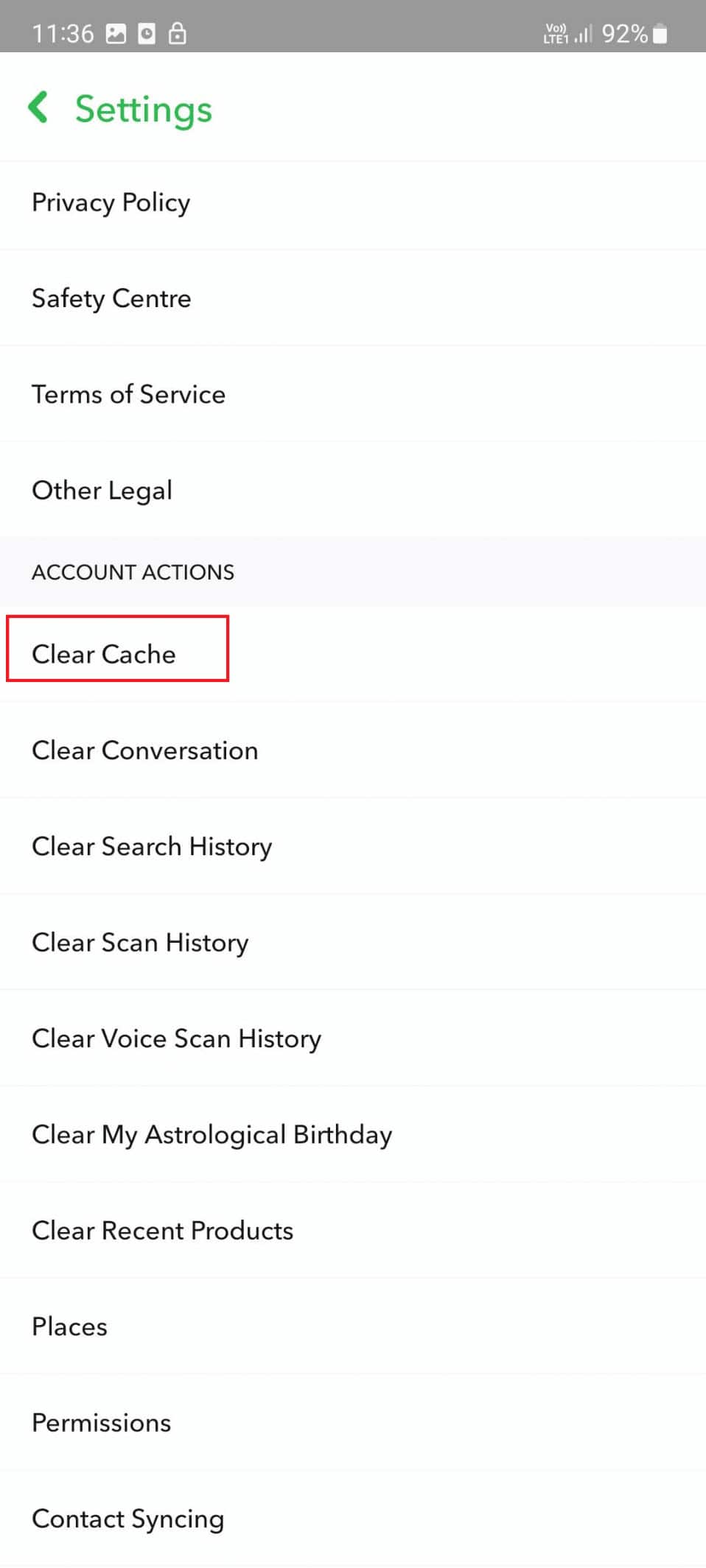 clear cache snapchat