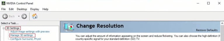 click on 3D Settings - Manage 3D settings