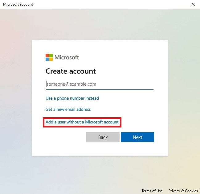click on Add a user without a Microsoft account