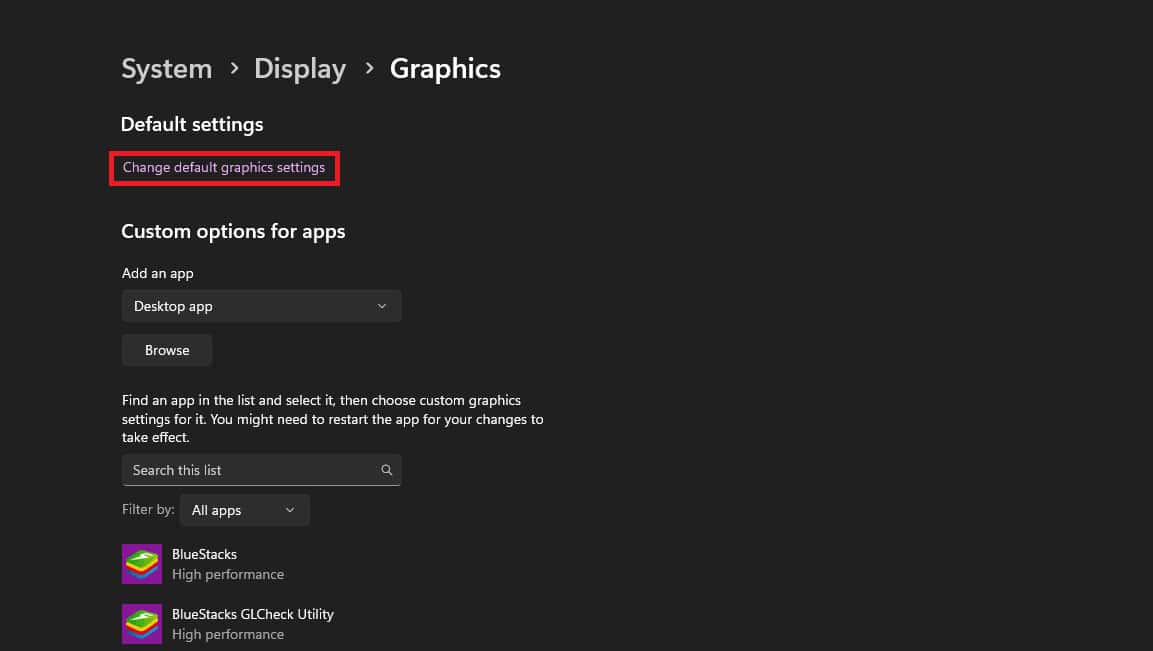 click on Change default graphics settings option