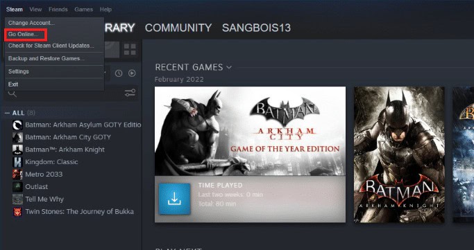 Click on Go Online. Fix Could Not Connect to Steam Network Error