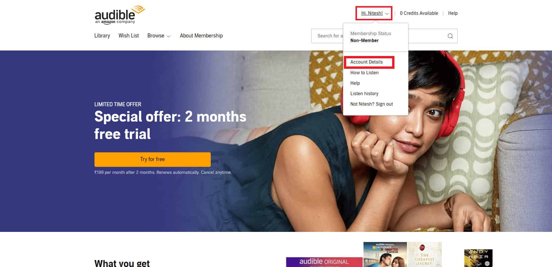 click on high drop-menu menu followed by account details
