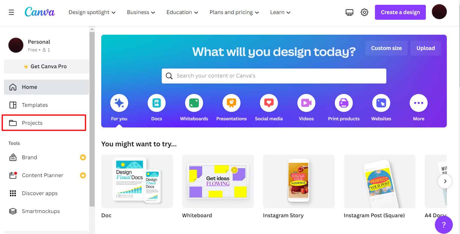 click on Projects on canva