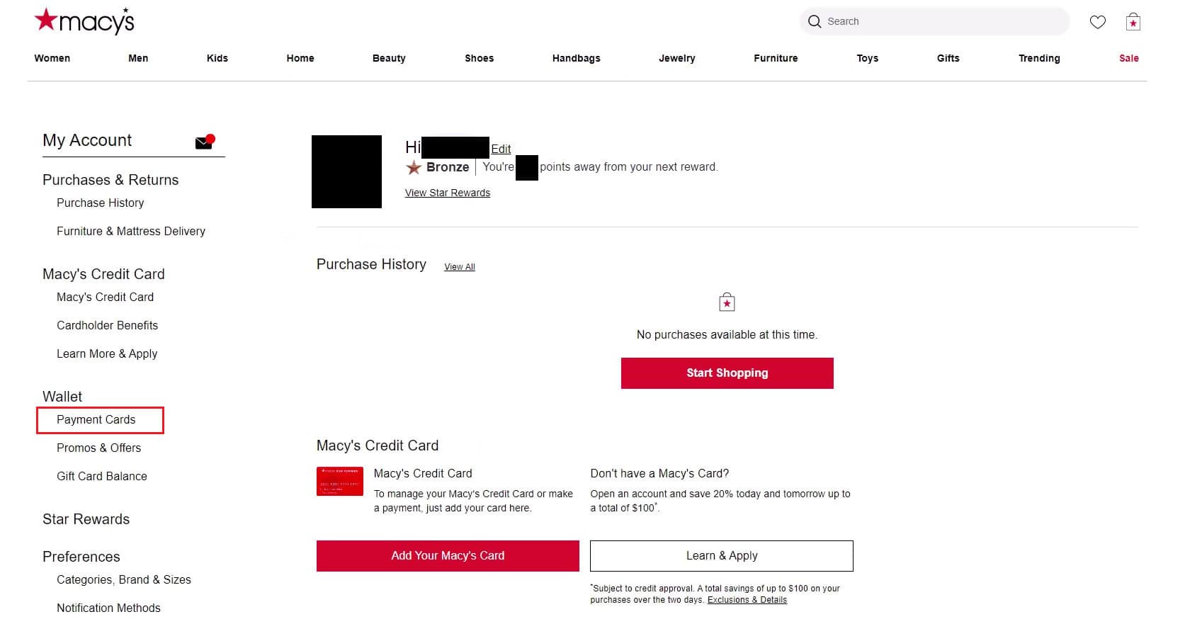 click on the Payment Cards option under the Wallet section | cancel payment on Macy's