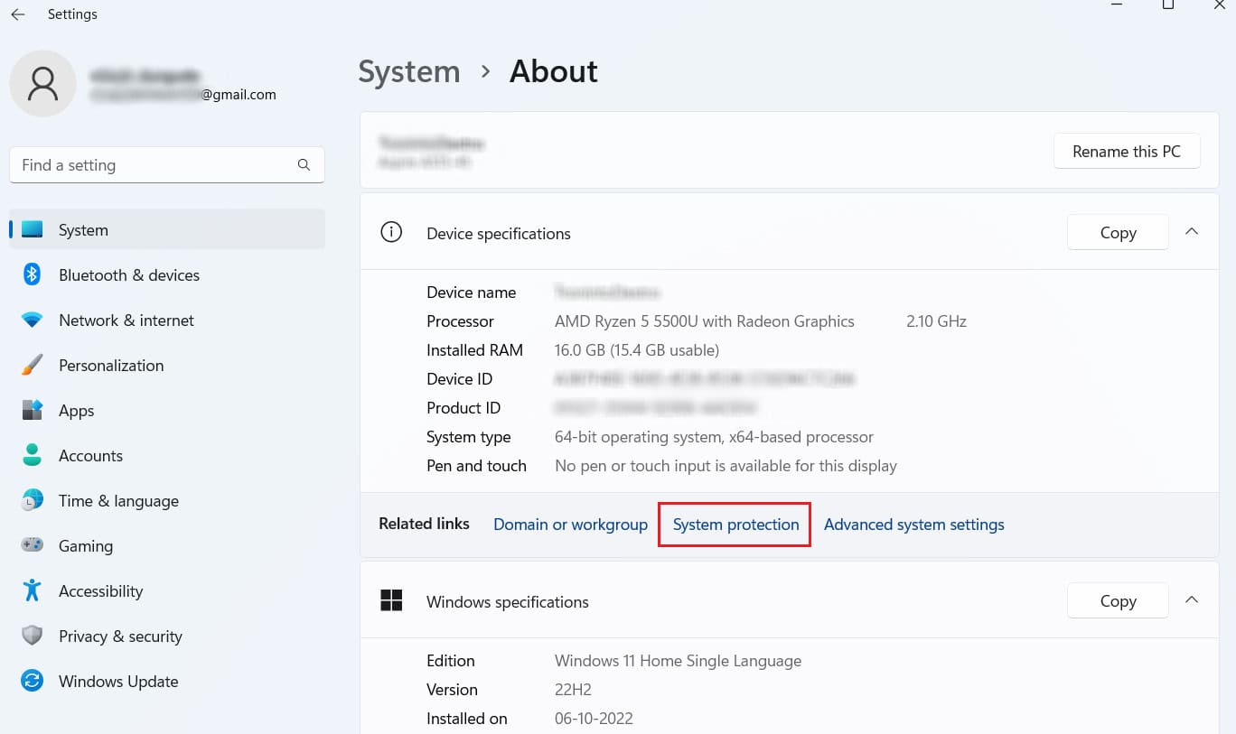 click on the System protection option from the Related links section