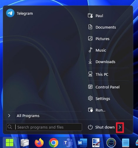 Click on the arrow next to Shut Down