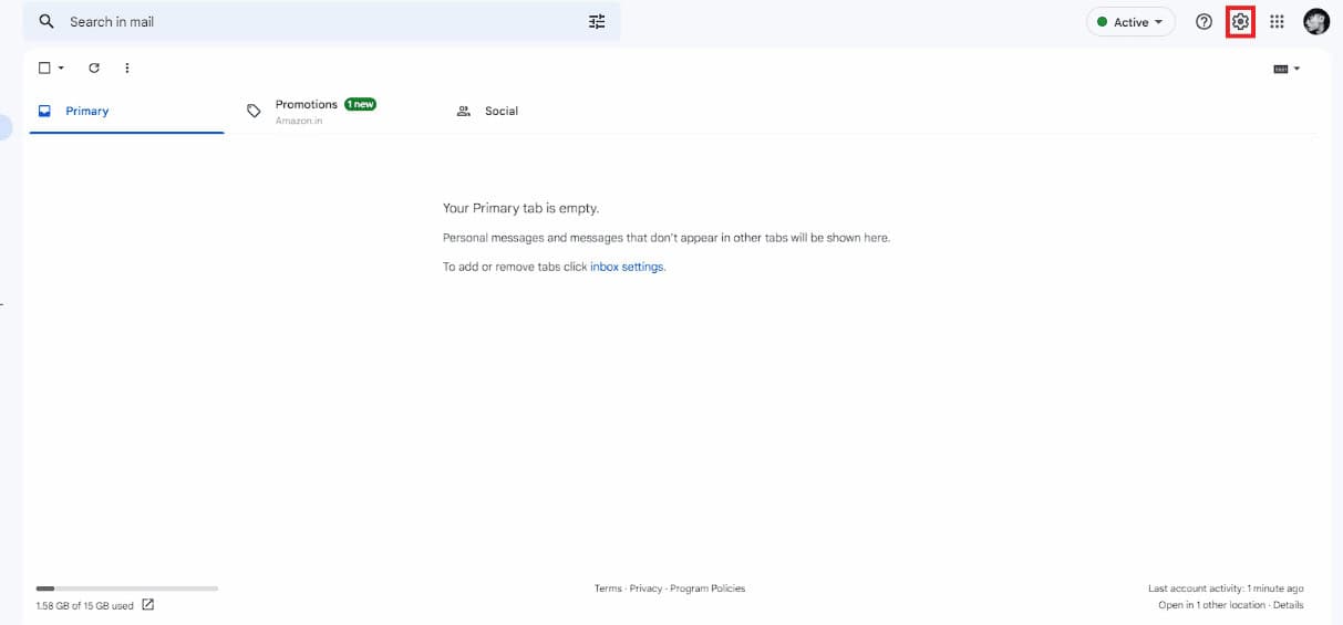 click on the cog wheel icon | Gmail dark mode Windows 10, 11 & iPhone