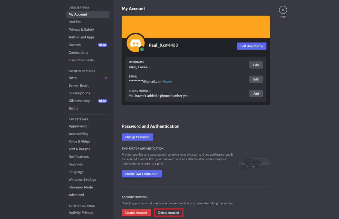 Click on the Delete Account button under the Account Removal section