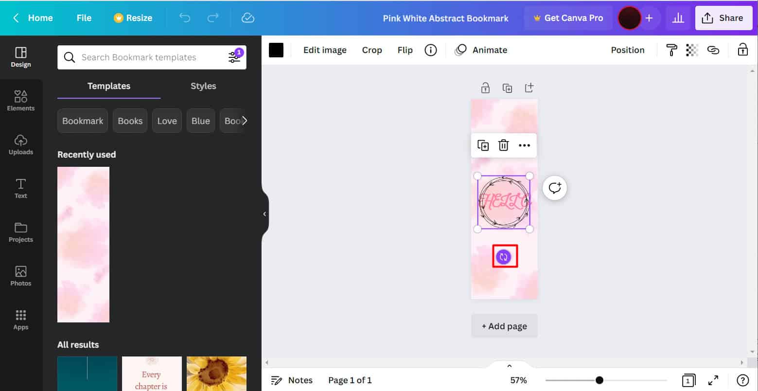 click on the element and click and hold the rotate icon on canva