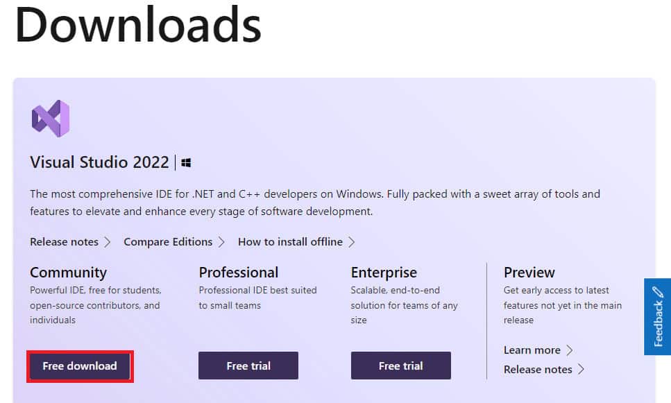 Click on the Free Download button. How to Download Visual Studio for Windows 10