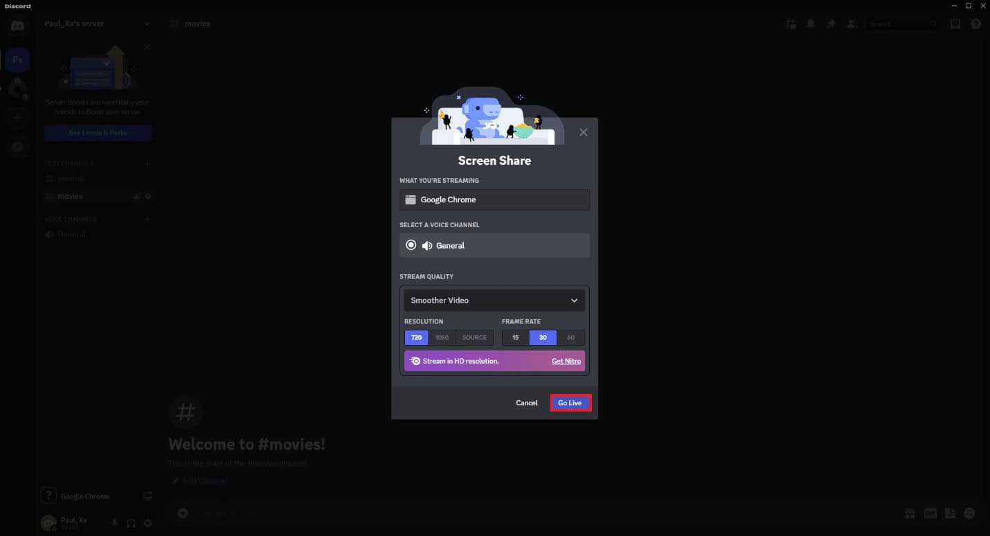 Click on the Go Live button. How to Stream Disney Plus on Discord