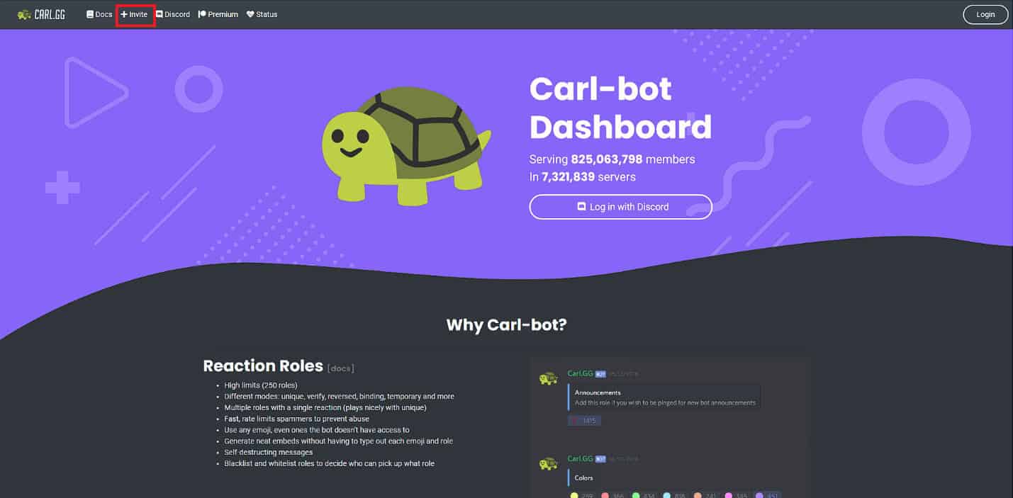Click on the Invite option at the top of the page. How to Add Reaction Roles on Discord Carl Bot