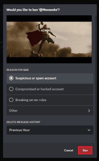 Click on the red Ban button at the bottom