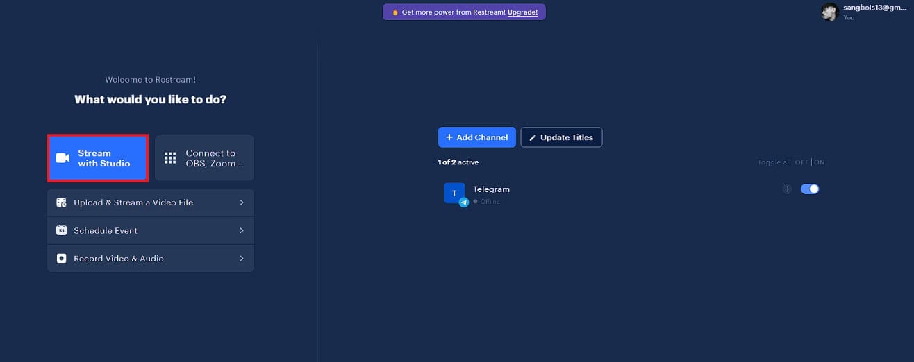 Click on the Stream with Studio option. How to Go Live on Telegram