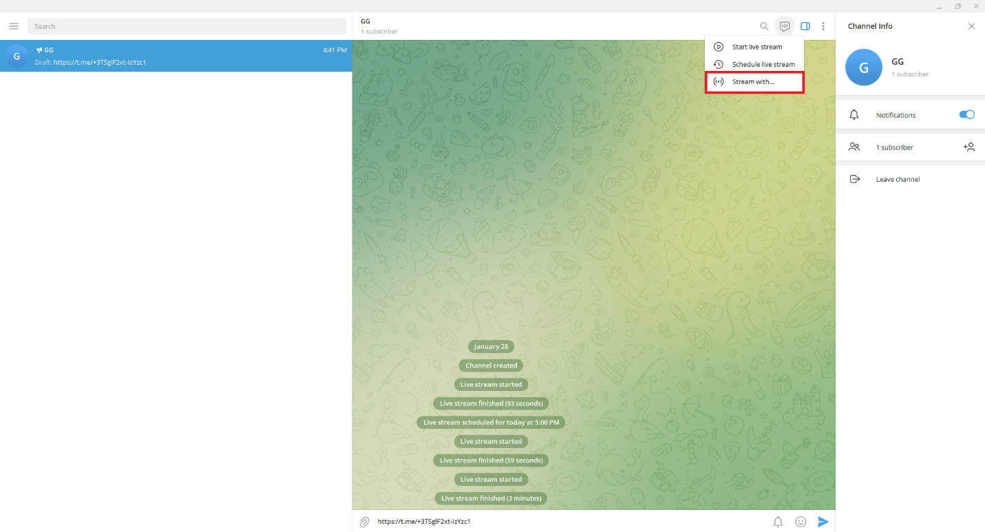 click on the Stream withโฆ option. How to Go Live on Telegram