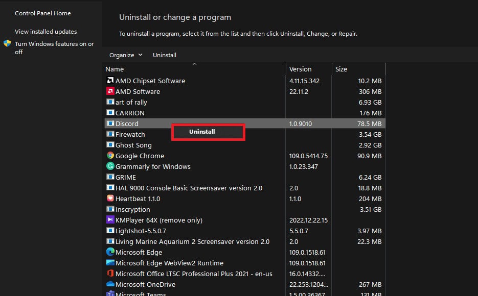 Click on the Uninstall option