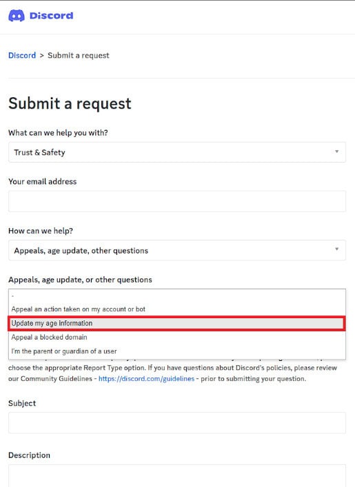 Click on the Update my age information option under the Appeals, age update, other questions section | How to verify age on Discord