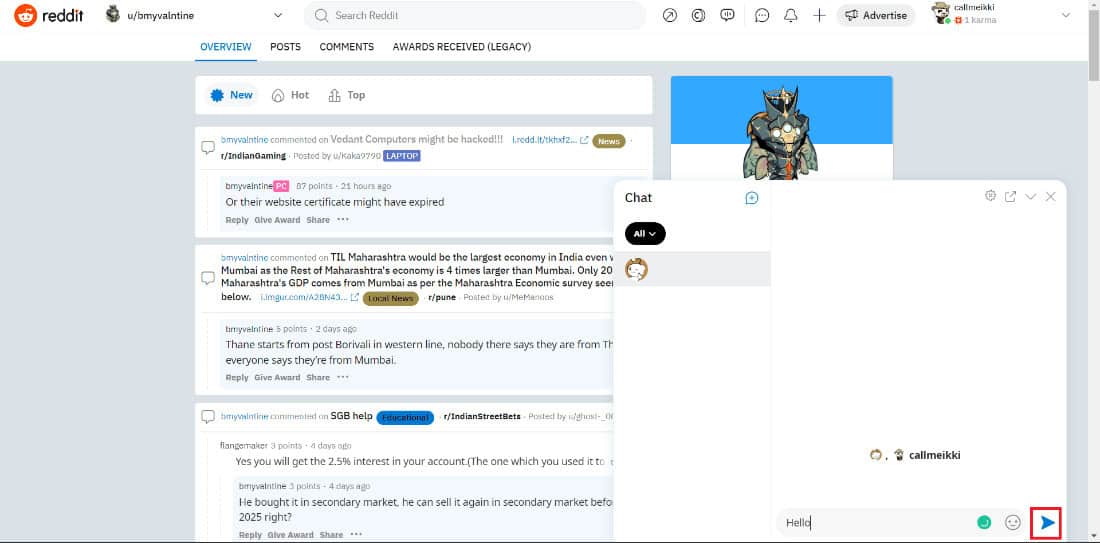 click the send button to send it to the recipient. | How to PM on Reddit