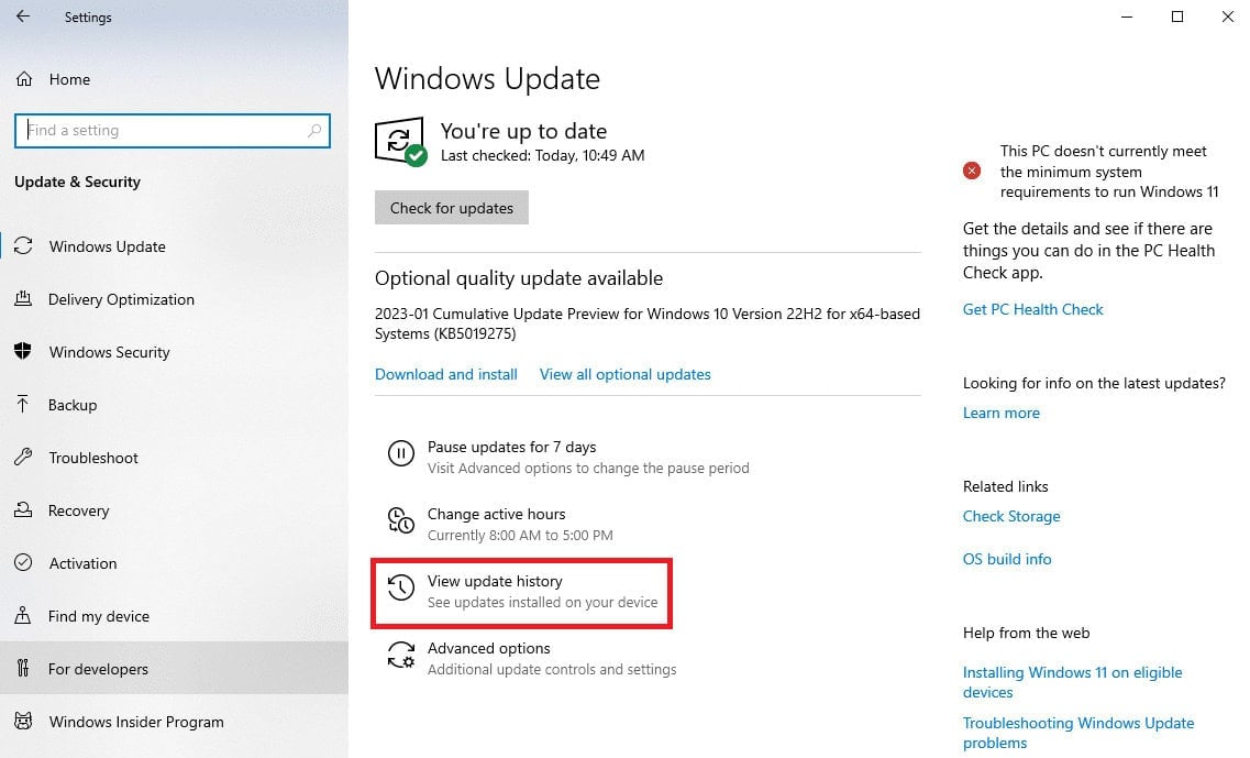 Click View update history