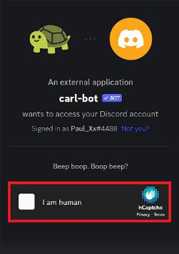 Complete the CAPTCHA to add the Carl Bot