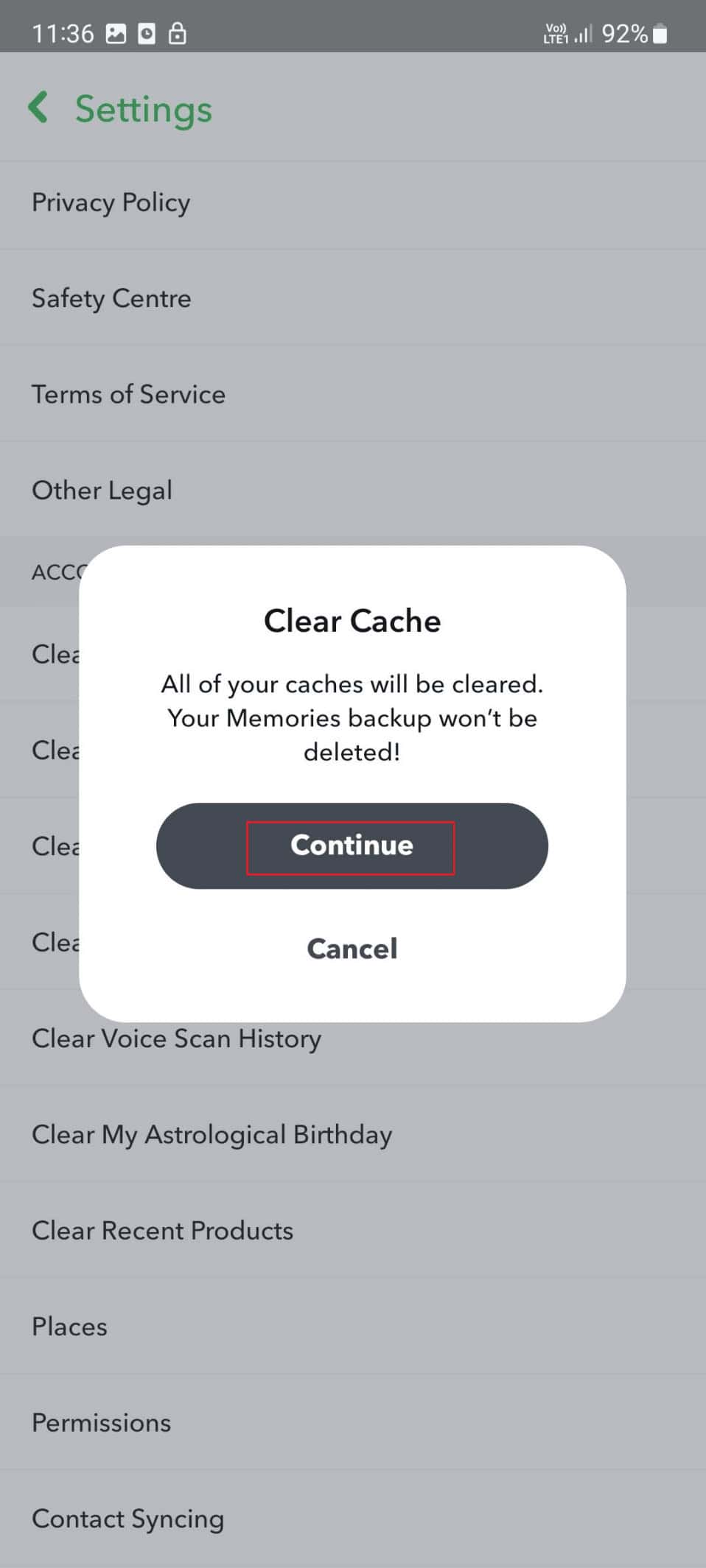 continue for clear cache
